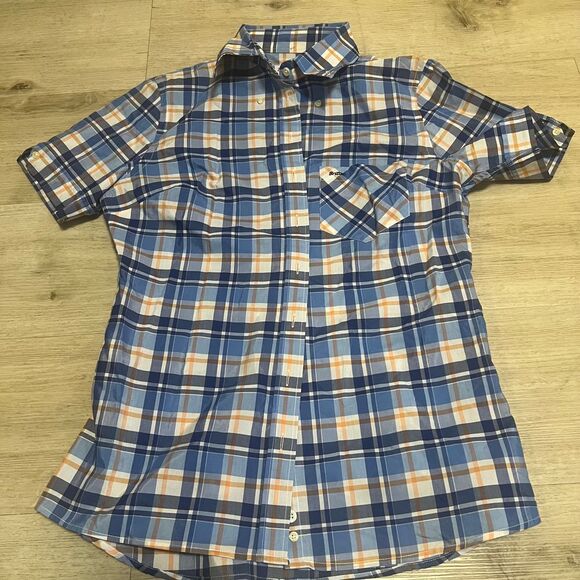 Britac Plaid Button-Up Short Sleeve Shirt Womens‎ XL Blue Orange White Punk Oi! - Picture 1 of 8